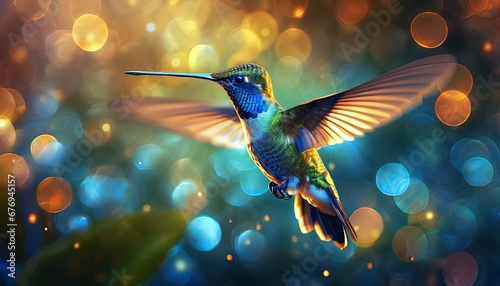 A hummingbird hovering against a colorful background