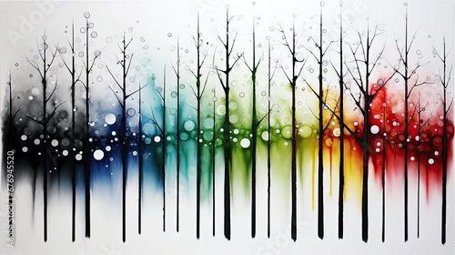 AI-generated abstract illustration of snowfall in a stylized, colorful forest. MidJourney. photo