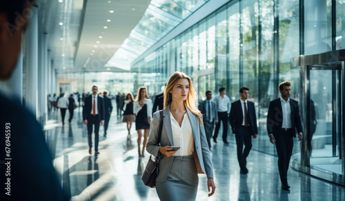 Corporate Velocity: Long Exposure of Fast-Walking Business Crowd in Office Lobby