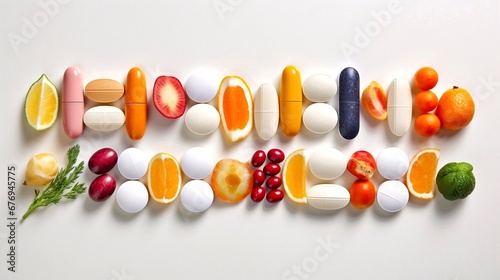 Composition with different pills and vitamins on white background, top view
