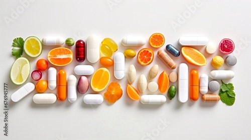 Composition with various pills and vitamins among fruits on a white background, top view