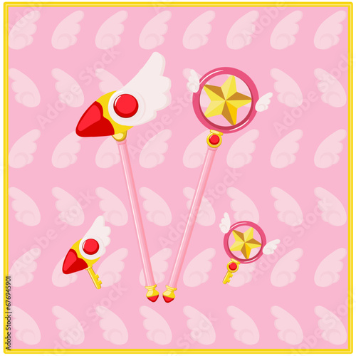 set de ilustracion vectorial de baculos magicos rosa y con estrellas y alas