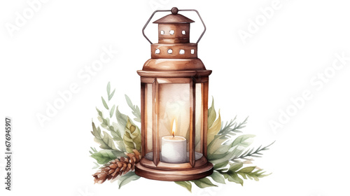 A flashlight with a candle, mistletoe, watercolor, png photo