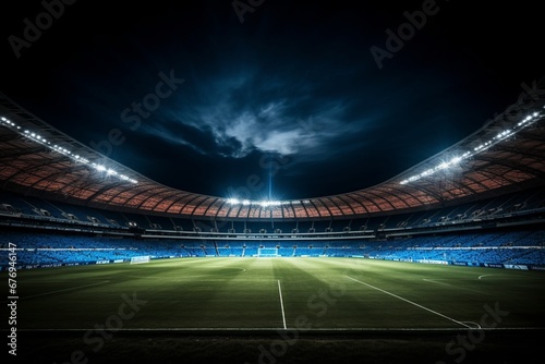 Desolate night scene of an empty soccer stadium with a mesmerizingly illuminated professional field