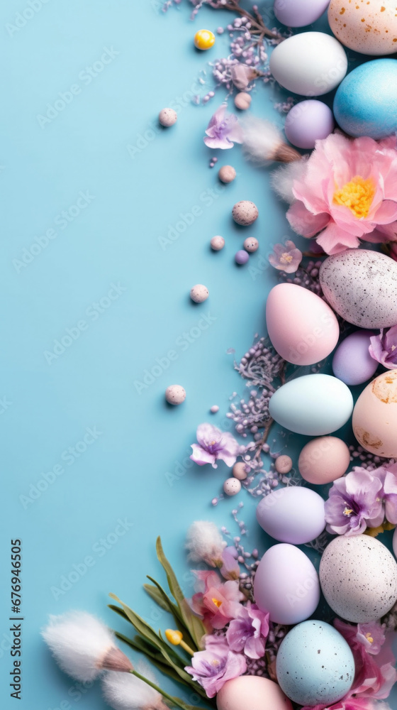 Easter pastel background with Easter eggs and flowers