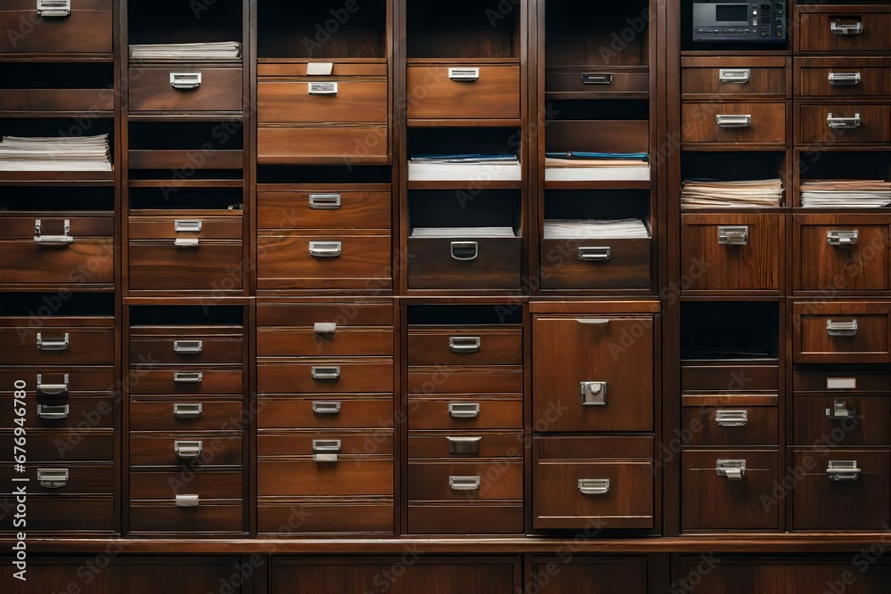 A wooden filing cabinet with organized files.