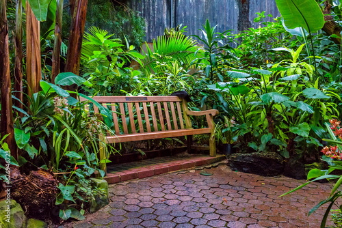 Bench in Bloedel Conservatory Winter Exotic Gardens in Queen Elizabeth Park Vancouver