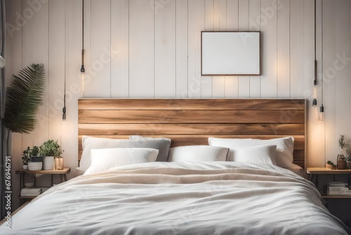 A wooden headboard in a bedroom with soft, neutral colors.