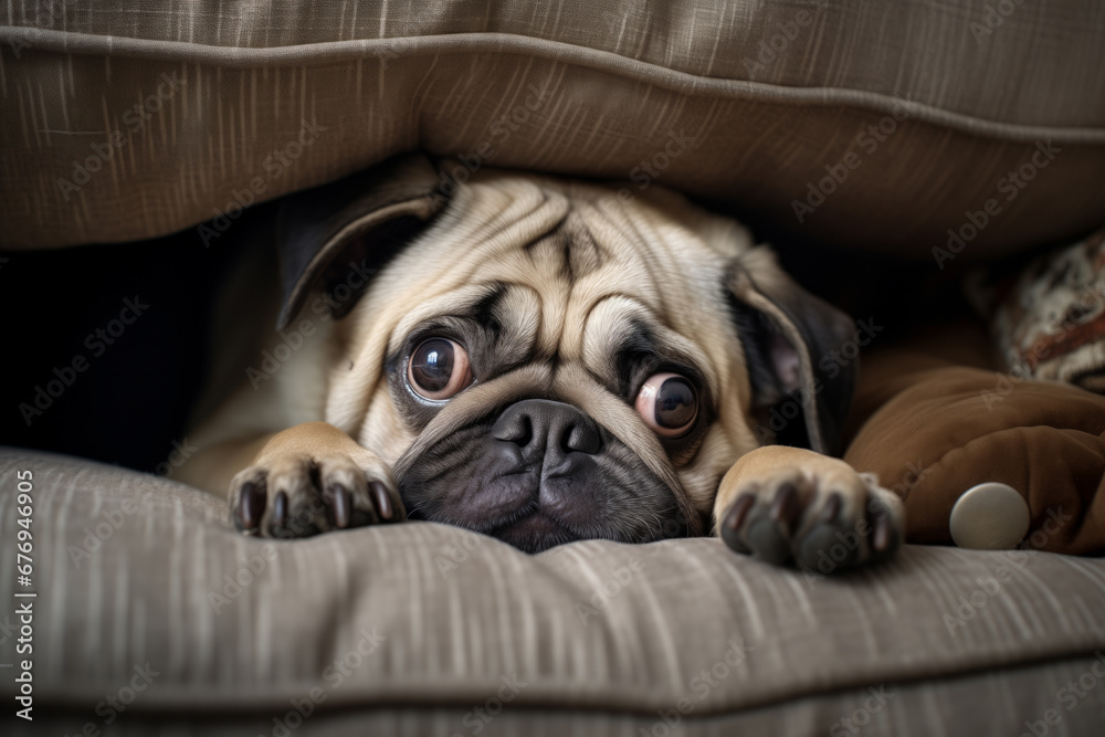 Obraz na płótnie A scared dog hides under the blanket on New Year's Eve. w salonie