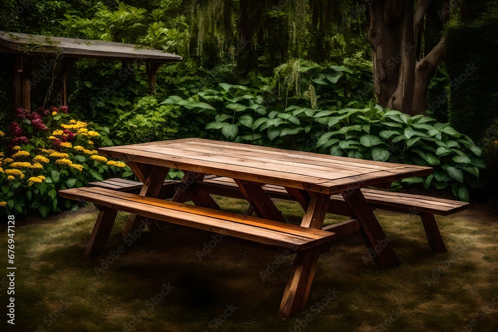A wooden picnic table in a backyard garden.