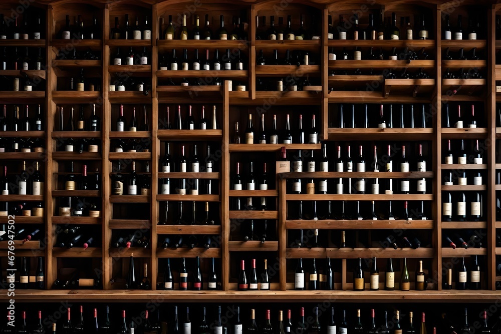 A wooden wine rack filled with wine bottles.