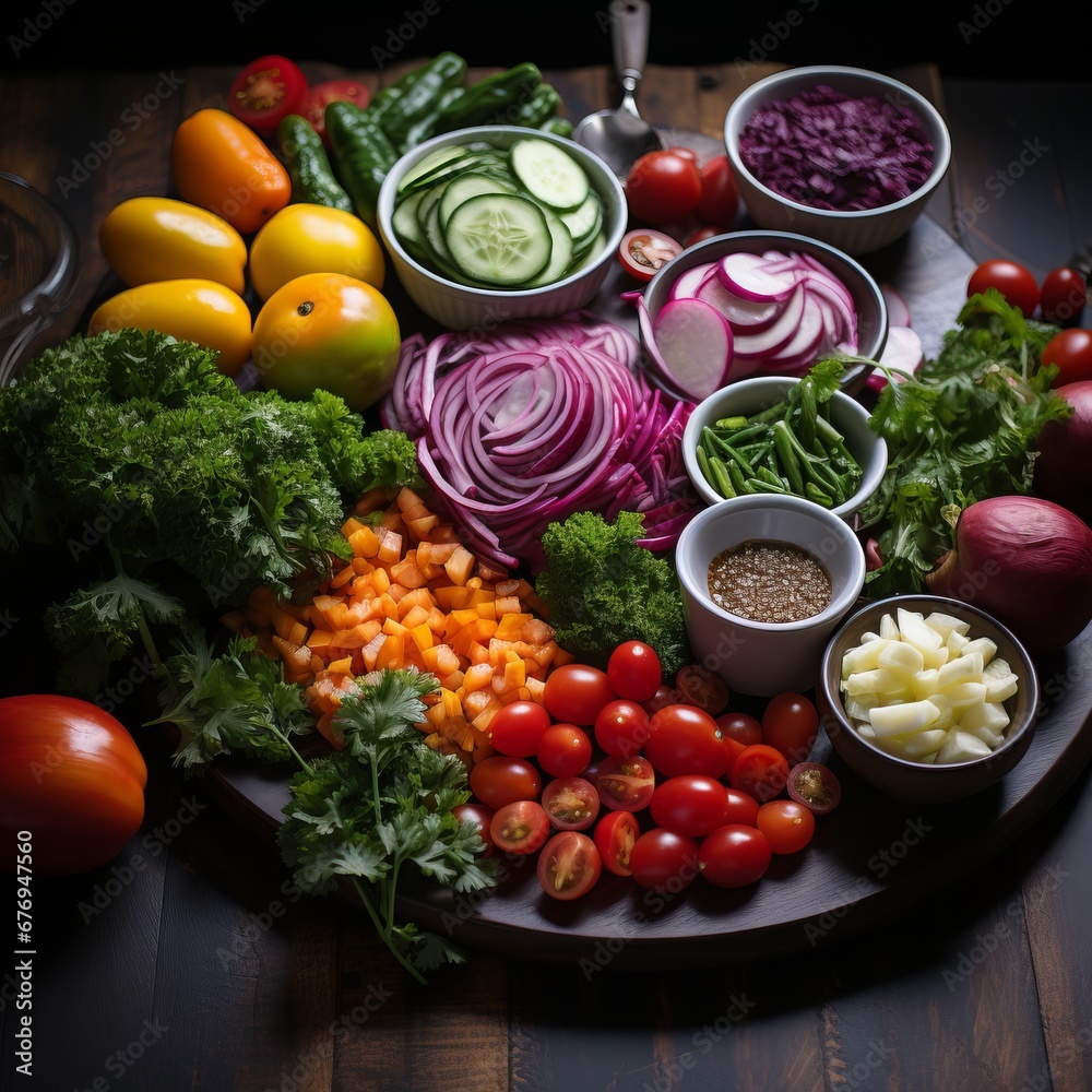 Ingredients for vegetable salad, diet and healthy food. Low calorie flatlay layout. Illustration Ingredients for vegetable salad, diet and healthy food. Low calorie flatlay layout. Illustration