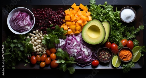 Ingredients for vegetable salad, diet and healthy food. Low calorie flatlay layout. Illustration