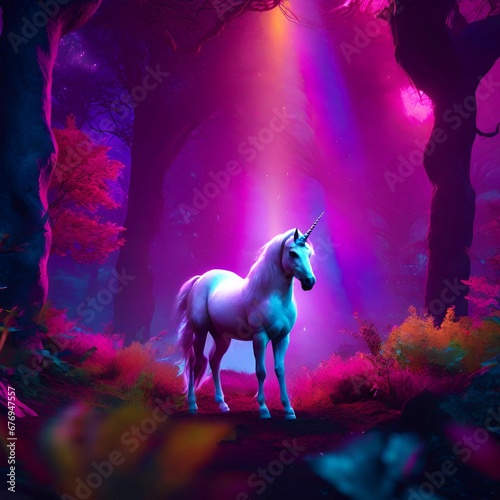 A beautiful unicorn in a forest with a rainbow