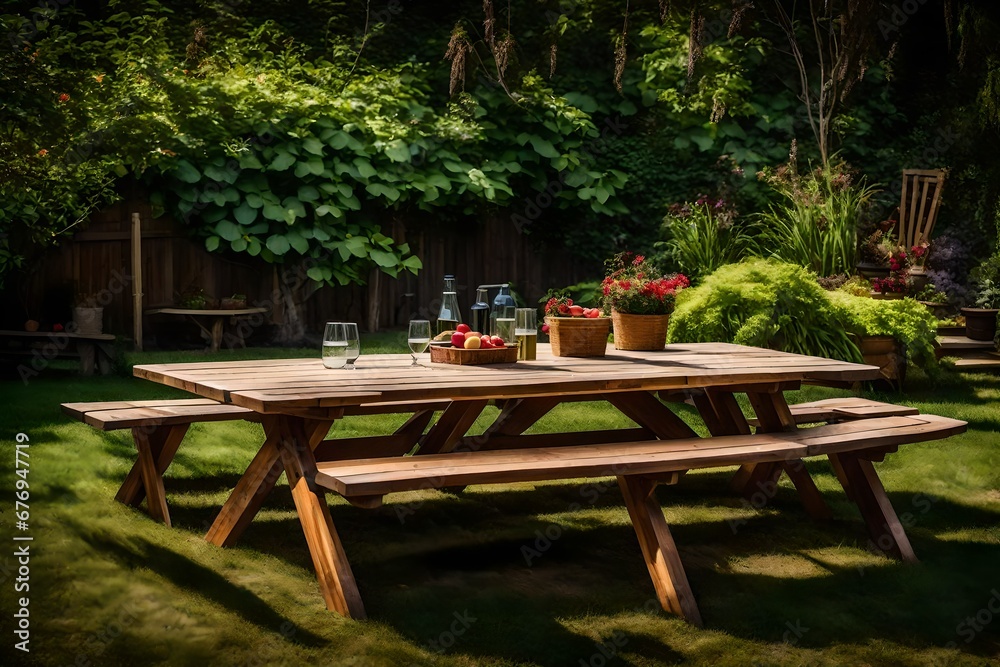 A wooden picnic table in a backyard garden.