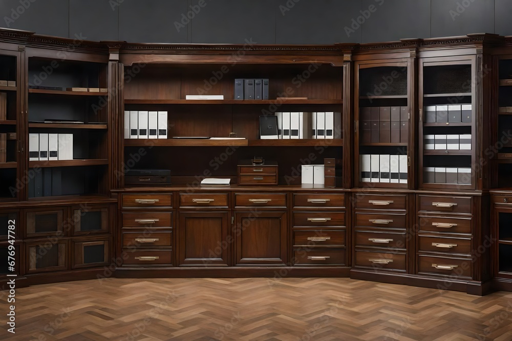 A wooden office cabinet for storage.
