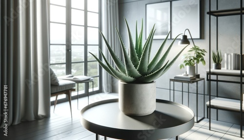 Horizontal professional photo of an Aloe vera plant in a ceramic pot on a sleek side table, airy interior, blurred background. 