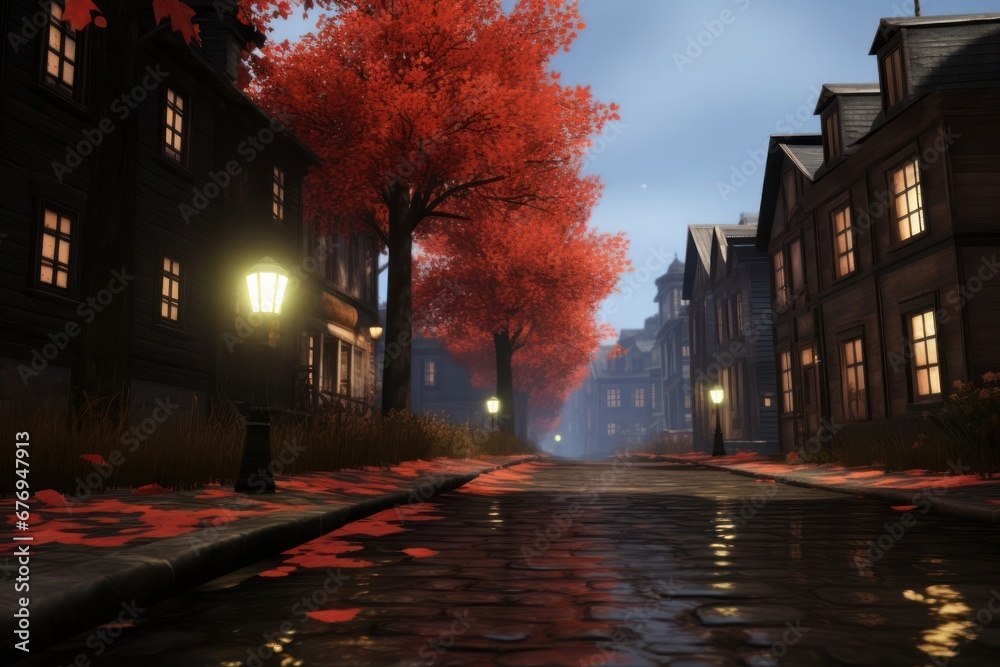 City Street Illuminated by the Majestic Glow of a Red Tree Generative AI