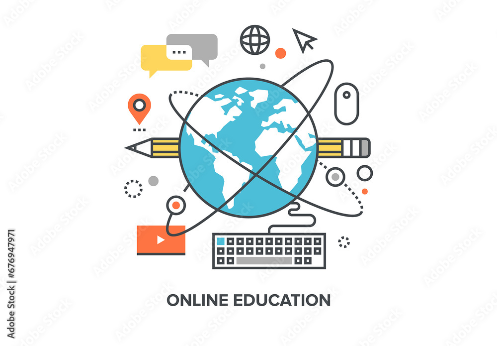 Vector illustration of online education flat line design concept. Stock ...