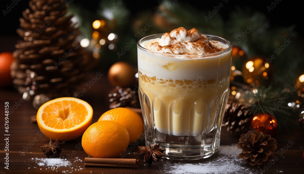 Eggnog orange in a glass, decorated with whipped cream and nutmeg, winter cocktail of raw eggs and spices on a dark wooden table. Background of Christmas lights. Eggnog orange in a glass, decorated with whipped cream and nutmeg, winter cocktail of raw eggs and spices on a dark wooden table. Background of Christmas lights.