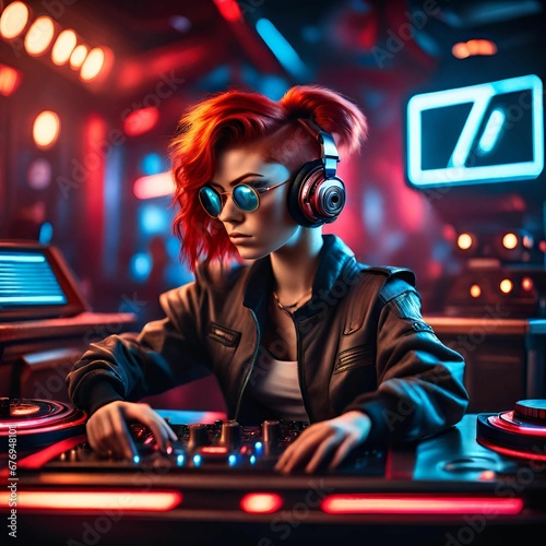 A red hair beautiful dj playing music in a nightclub