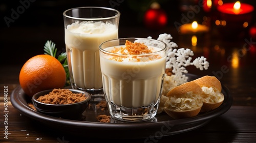 Eggnog orange in a glass, decorated with whipped cream and nutmeg, winter cocktail of raw eggs and spices on a dark wooden table. Background of Christmas lights.