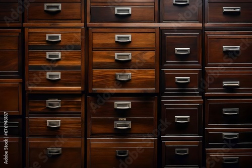 A wooden filing cabinet with organized files.