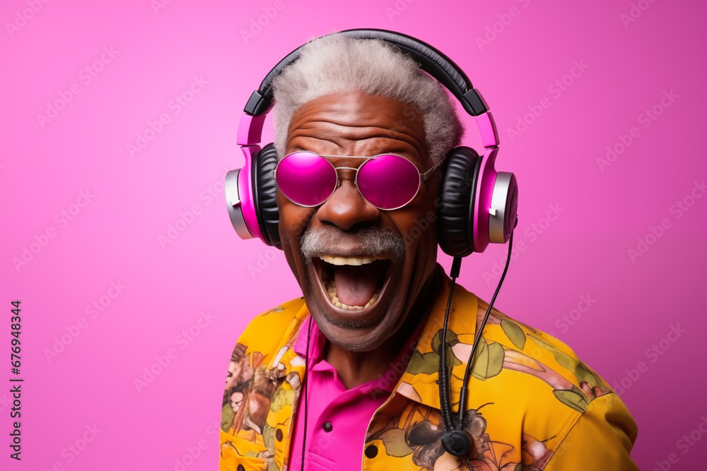 Homme noir senior, souriant, écoutant de la musique au casque avec une chemise colorée et un arrière-plan magenta. - obrazy, fototapety, plakaty 