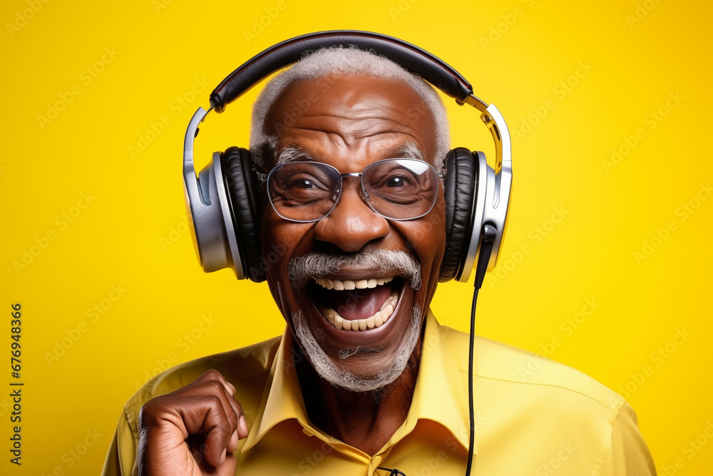 Homme noir senior, souriant, écoutant de la musique au casque avec une chemise colorée et un arrière-plan jaune.