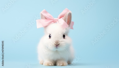 bunny wearing pink  ribbon head band , pastel color with blue ligh ,easter egg , blue  background  photo