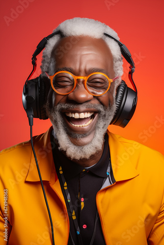 Homme noir senior, souriant, écoutant de la musique au casque avec une veste jaune et un arrière-plan orange
