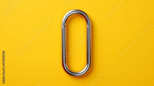 One metal carabiner with ropes on yellow background, top view. Space for text photography ::10 , 8k, 8k render