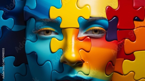 Puzzle concept with a person's head. Style of bright color blocks. photography ::10 , 8k, 8k render 