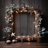 Christmas garland with an empty picture frame, New Year's decor with balls and stars on a gray background. Template with empty space for text and advertising.
