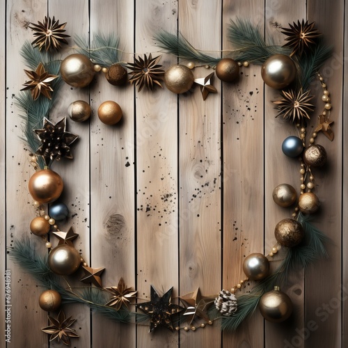Christmas garland with an empty picture frame, New Year's decor with balls and stars on a gray background. Template with empty space for text and advertising. 