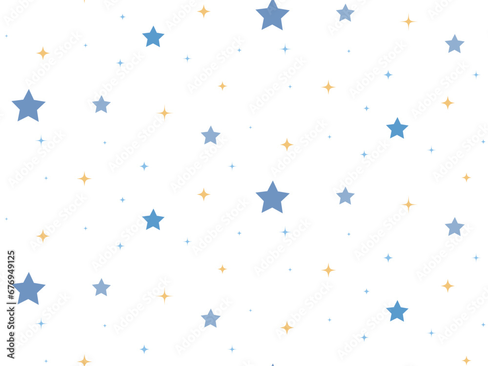 Kids seamless pattern of stars. Yellow and blue stars and sparks different sizes on white. Cute starry background for baby Kids seamless pattern of stars. Yellow and blue stars and sparks different sizes on white. Cute starry background for baby