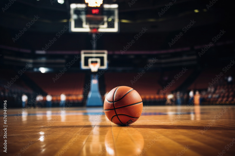 Orange ball on basketball court with stadium as background. Basketball game championship