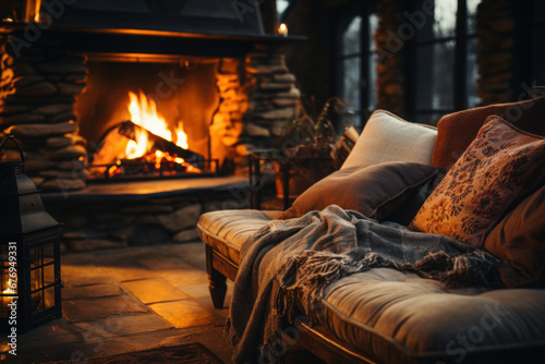 Cozy place to relax on winter evening. Sofa and blanket near the fireplace.