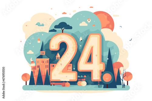 Happy new year 2024 illustration with town in the background