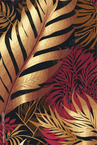 Monstera Leaves Pastel Colors with Flat 2D Pink and Golden Vector