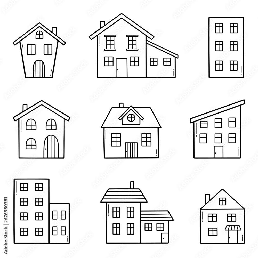 House doodle set. City buildings in sketch style. Hand drawn vector illustration isolated on white background