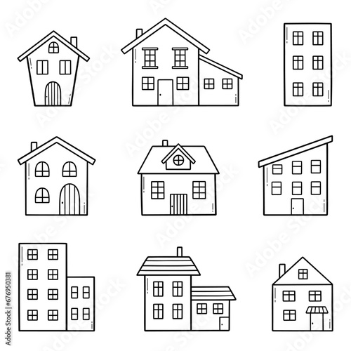 House doodle set. City buildings in sketch style. Hand drawn vector illustration isolated on white background