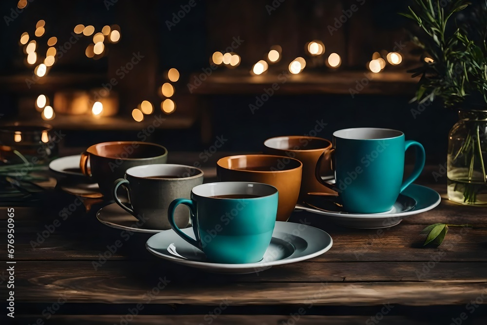 the cups and glasses on a rustic wooden table a warm, cozy atmosphere.