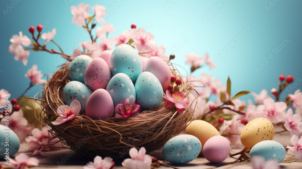 Easter egg nest adorned with delicate cherry blossoms on blue Easter egg nest adorned with delicate cherry blossoms on blue