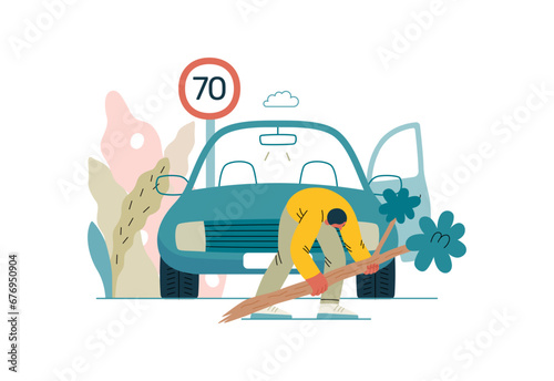 Mutual Support: Clearing an obstacle from the way -modern flat vector concept illustration of a man removing a fallen branch from the road A metaphor of voluntary, collaborative exchanges of services