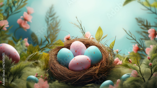 Easter banner with pastel eggs nestled in a woodland nest among blooms.