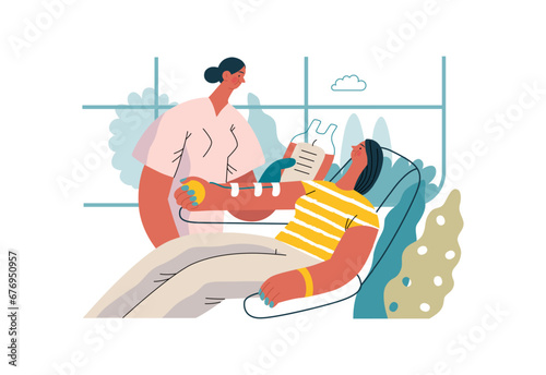 Mutual Support: Blood donation -modern flat vector concept illustration of a nurse and woman donating blood A metaphor of voluntary, collaborative exchanges of resource, services