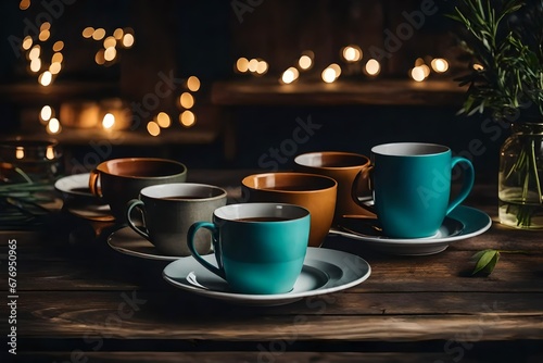 the cups and glasses on a rustic wooden table a warm, cozy atmosphere.