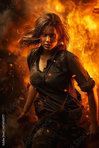 woman black shirt backpack front fire action descent root explosions splash extremely angry one bright photo