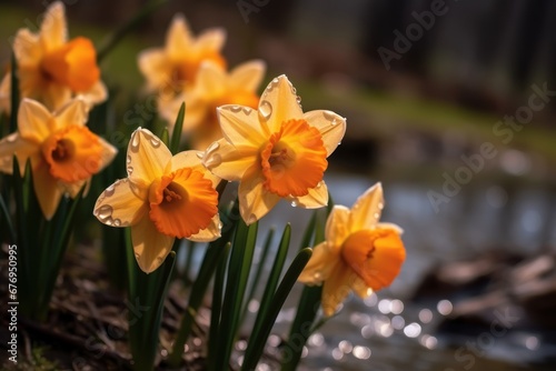Beautiful yellow daffodils with water drops on a blurred background. Mother's day concept with a space for a text. Valentine day concept with a copy space.